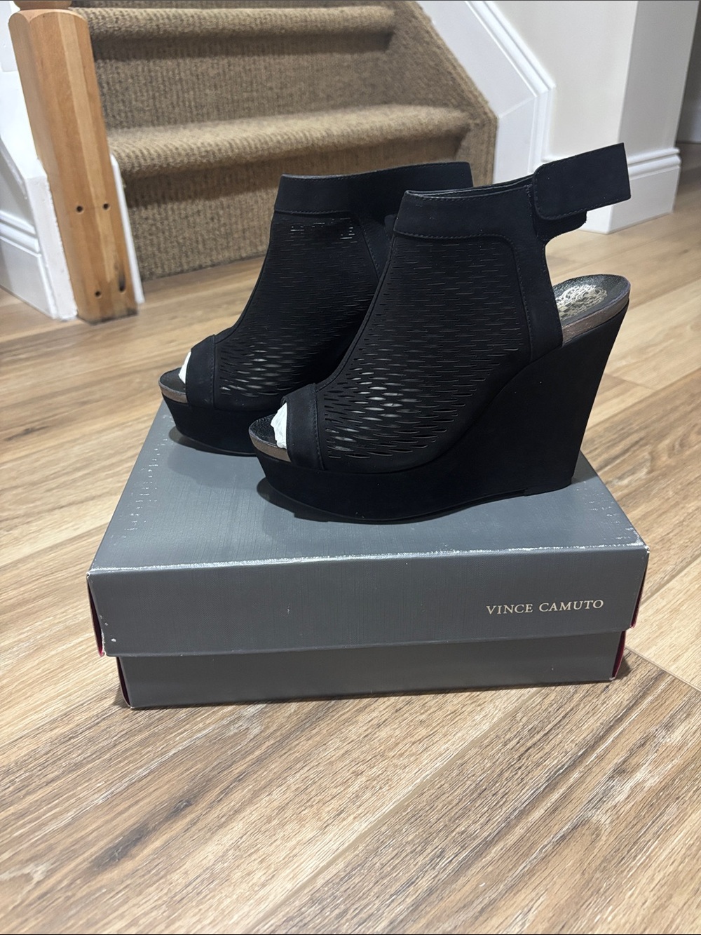Vince Camuto Black Mesh Open-Toe Wedge Sandals